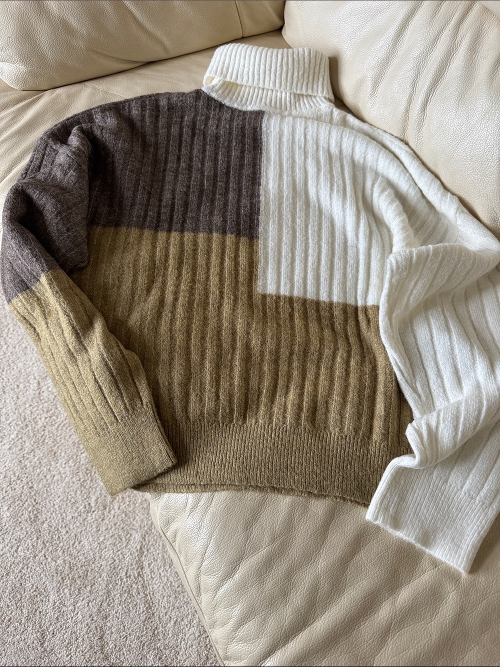 a.n.a Colorblock Ribbed Turtleneck Sweater in White, Brown, and Tan